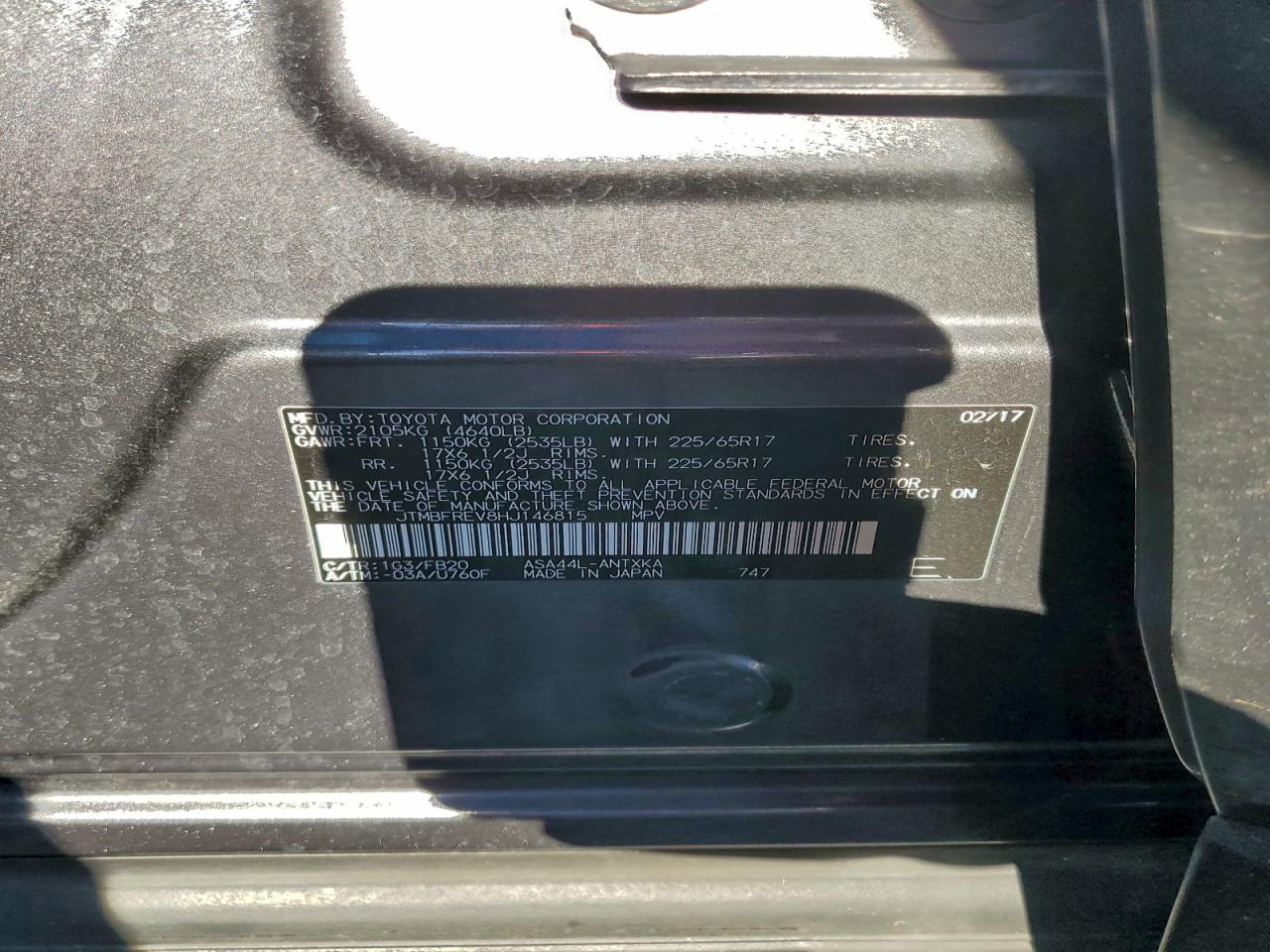 2017 Toyota Rav4 Le VIN: JTMBFREV8HJ146815 Lot: 94658315