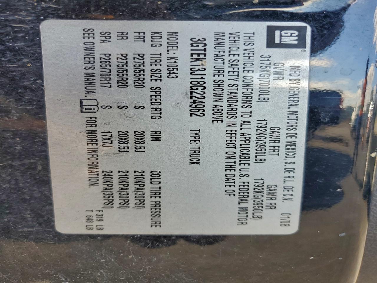 2008 GMC Sierra K1500 VIN: 3GTEK13J18G224962 Lot: 93810535