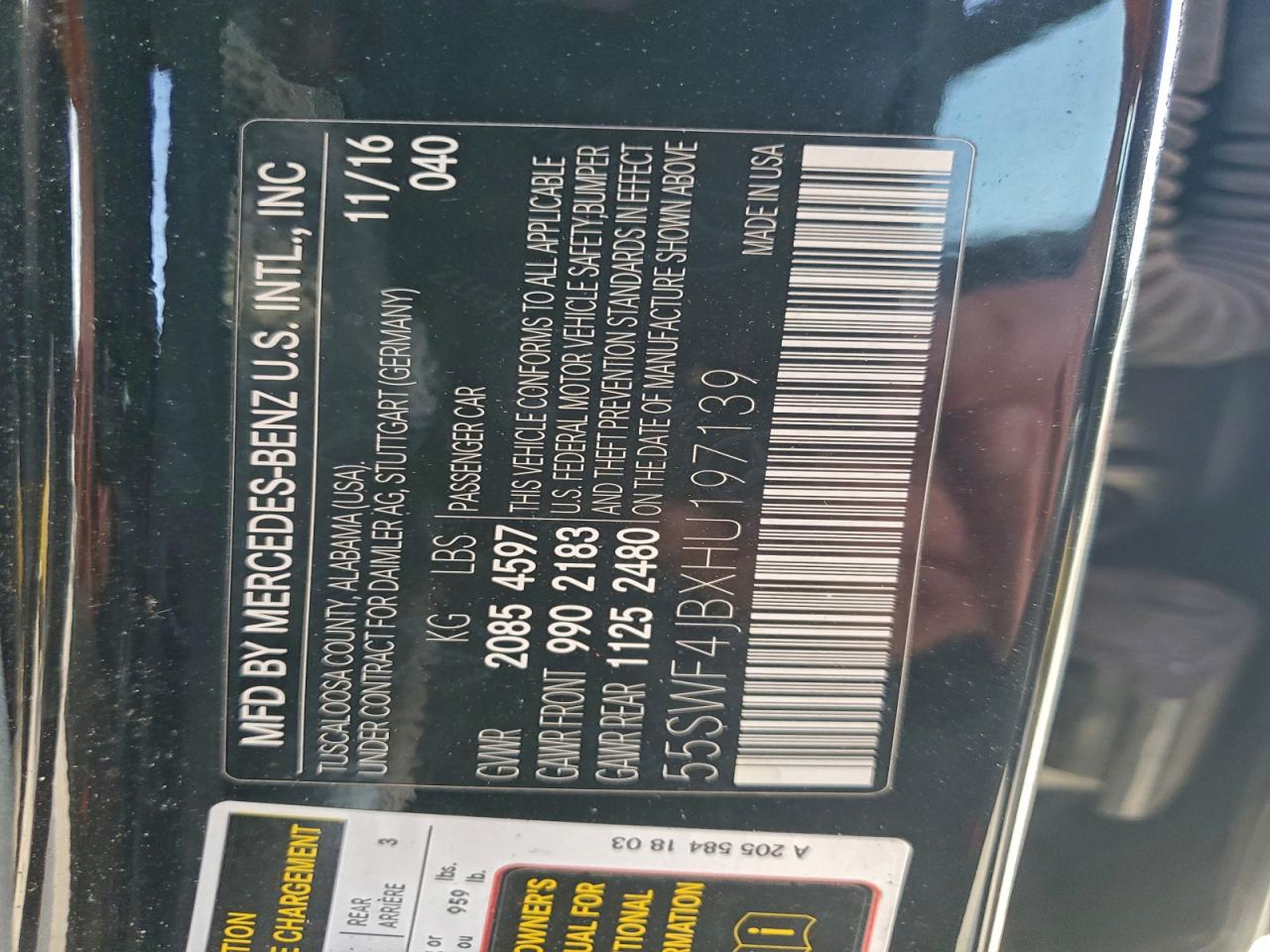 2017 Mercedes-Benz C 300 VIN: 55SWF4JBXHU197139 Lot: 93353575