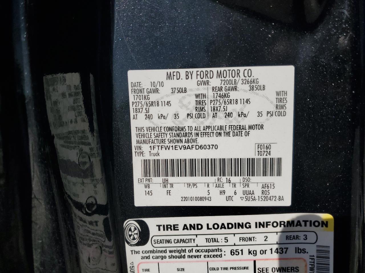 2010 Ford F150 Supercrew VIN: 1FTFW1EV9AFD60370 Lot: 92611585