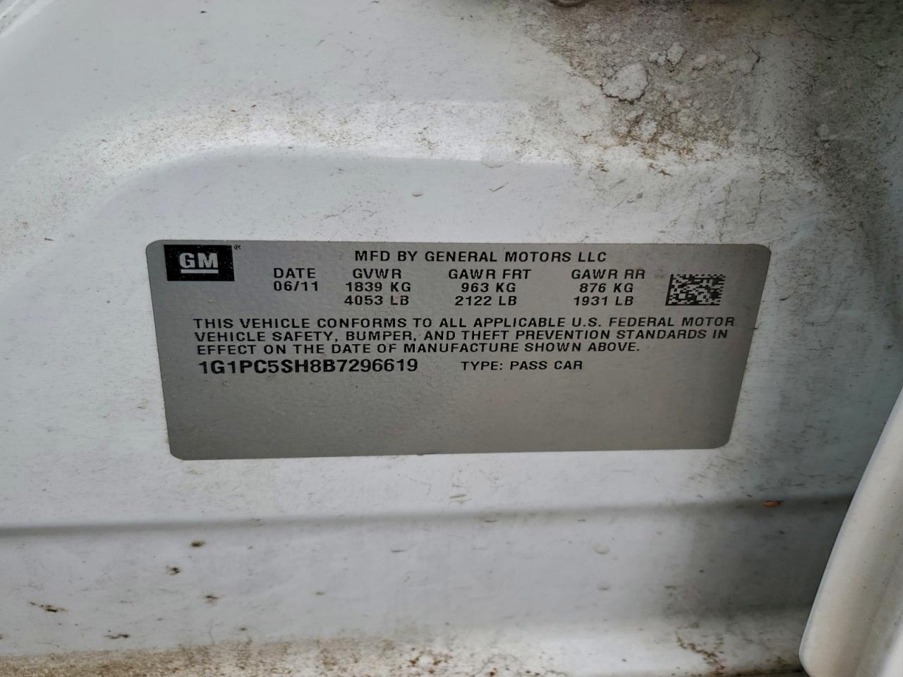 2011 Chevrolet Cruze Ls VIN: 1G1PC5SH8B7296619 Lot: 94600315