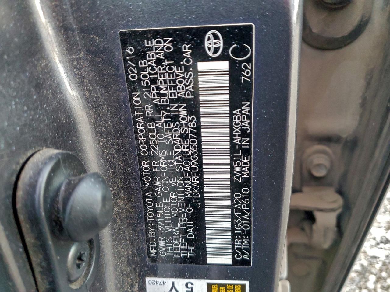 2016 Toyota Prius VIN: JTDKARFU9G3507783 Lot: 94316055