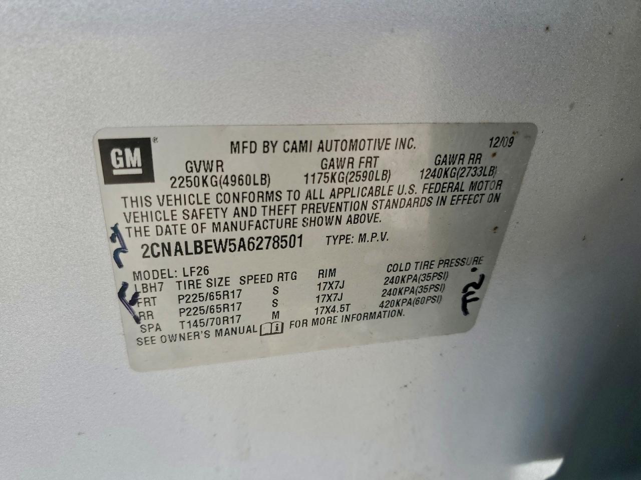 2010 Chevrolet Equinox Ls VIN: 2CNALBEW5A6278501 Lot: 94722625