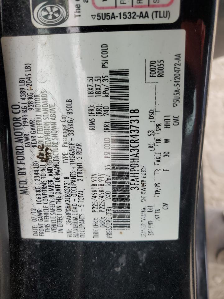 2012 Ford Fusion Se VIN: 3FAHP0HA3CR437318 Lot: 93301875