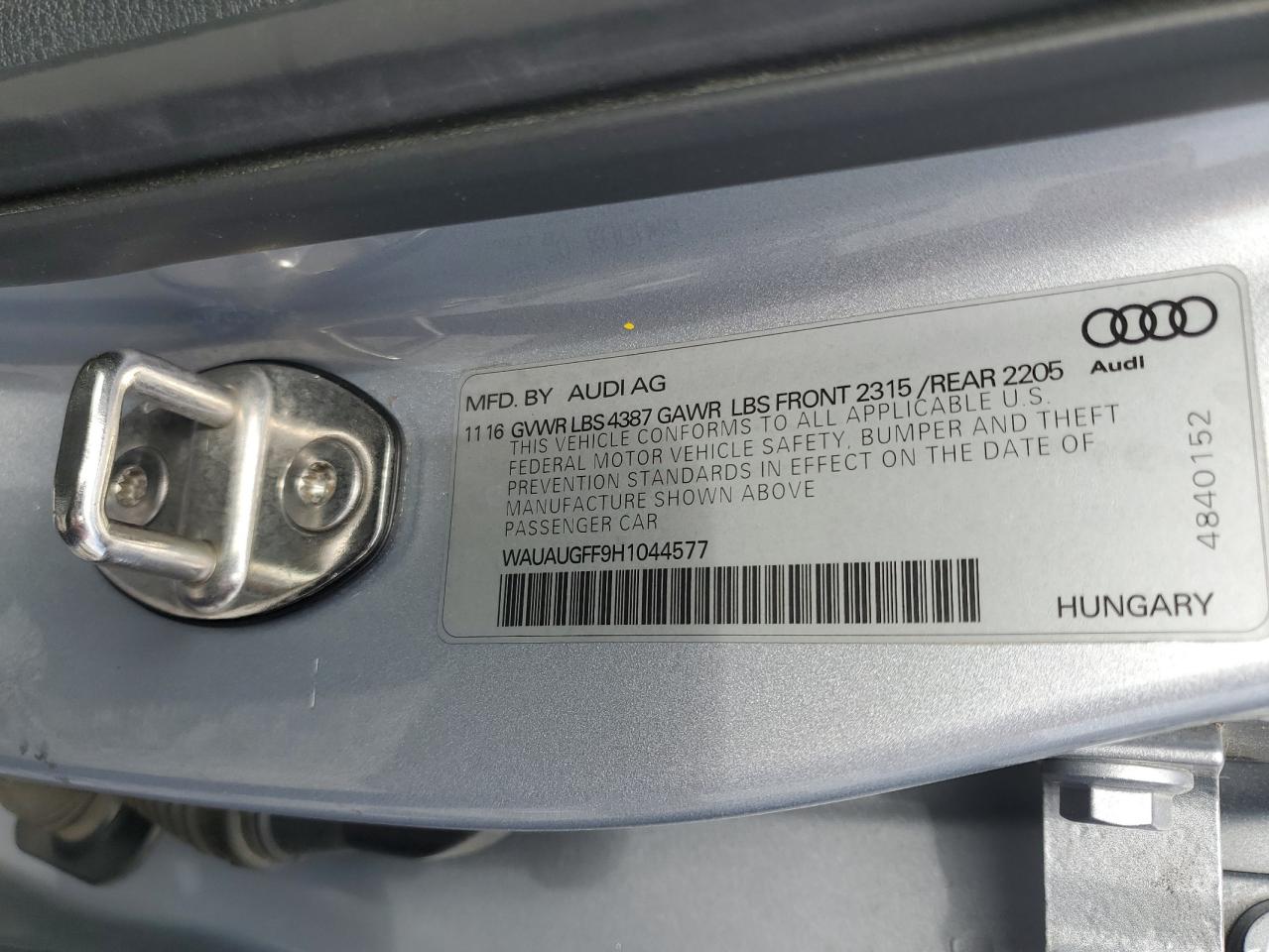 2017 Audi A3 Premium VIN: WAUAUGFF9H1044577 Lot: 92425045