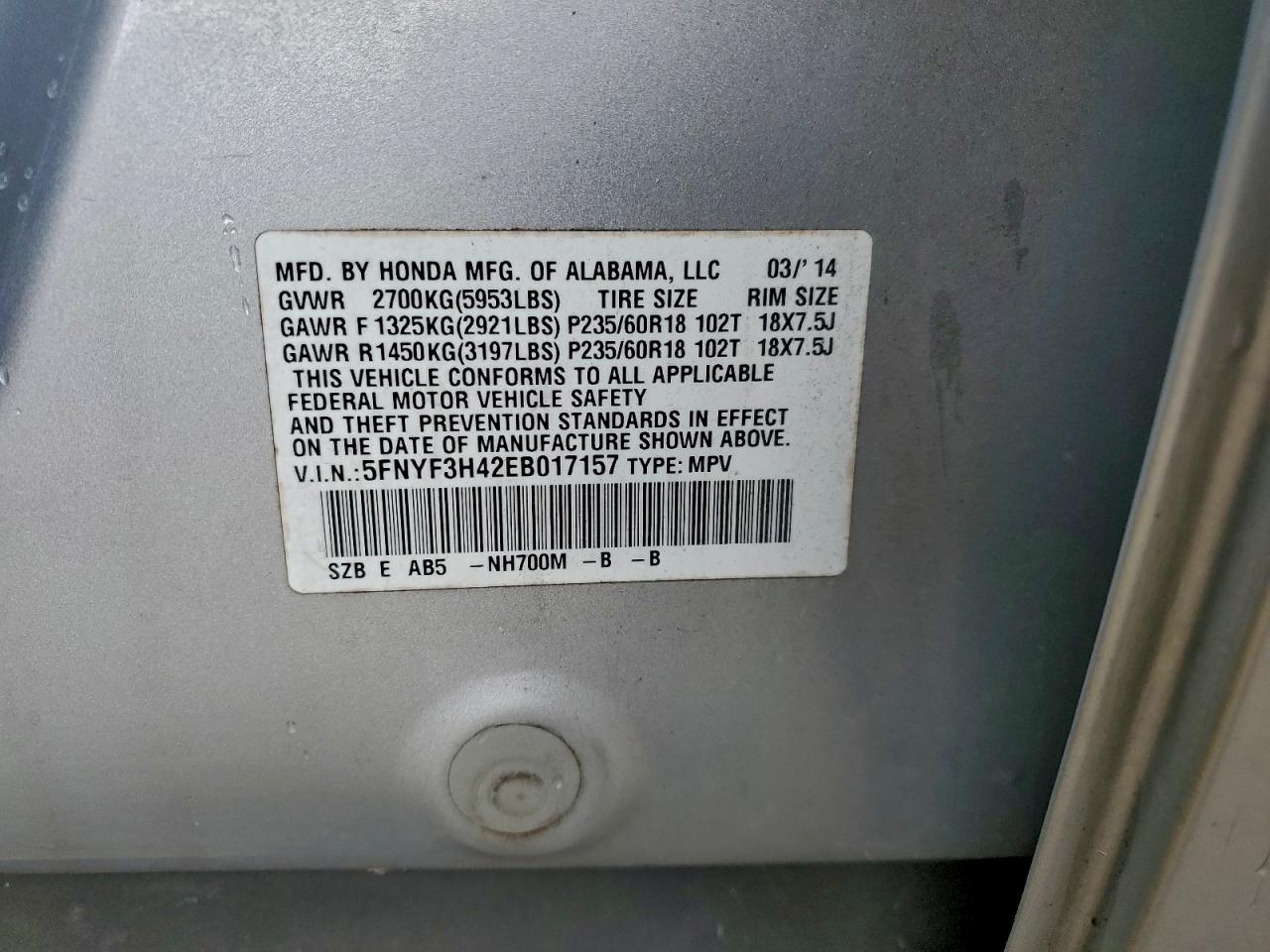 2014 Honda Pilot Ex VIN: 5FNYF3H42EB017157 Lot: 93847065