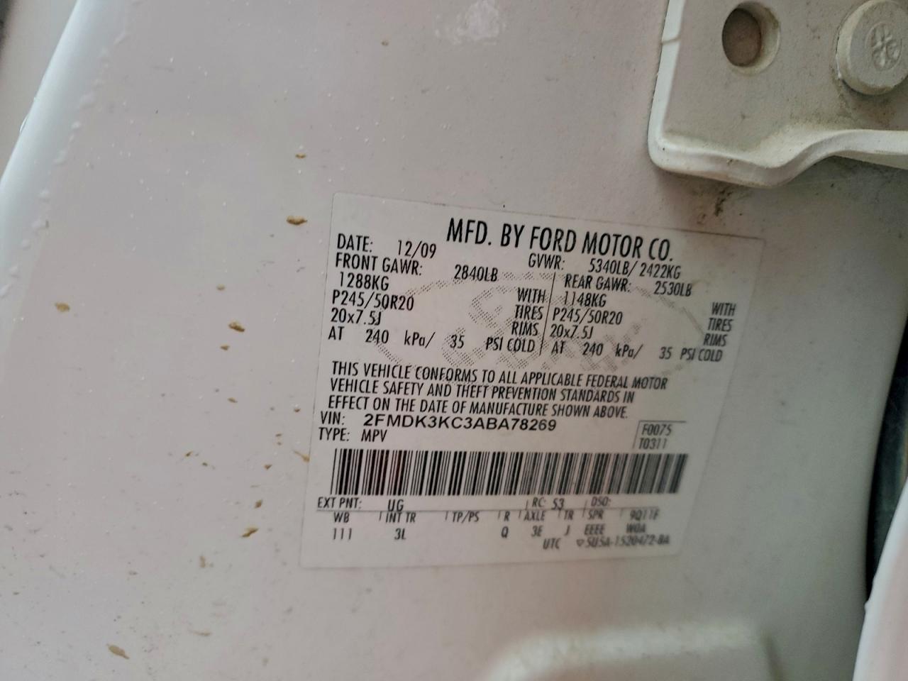 2010 Ford Edge Limited VIN: 2FMDK3KC3ABA78269 Lot: 93012755