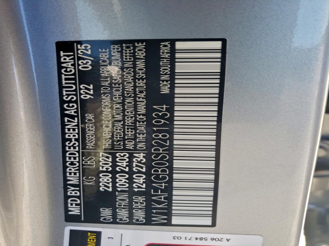 2025 Mercedes-Benz C 300 VIN: W1KAF4GB0SR281934 Lot: 94458385