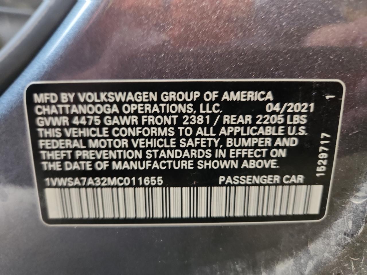 2021 Volkswagen Passat Se VIN: 1VWSA7A32MC011655 Lot: 92328785