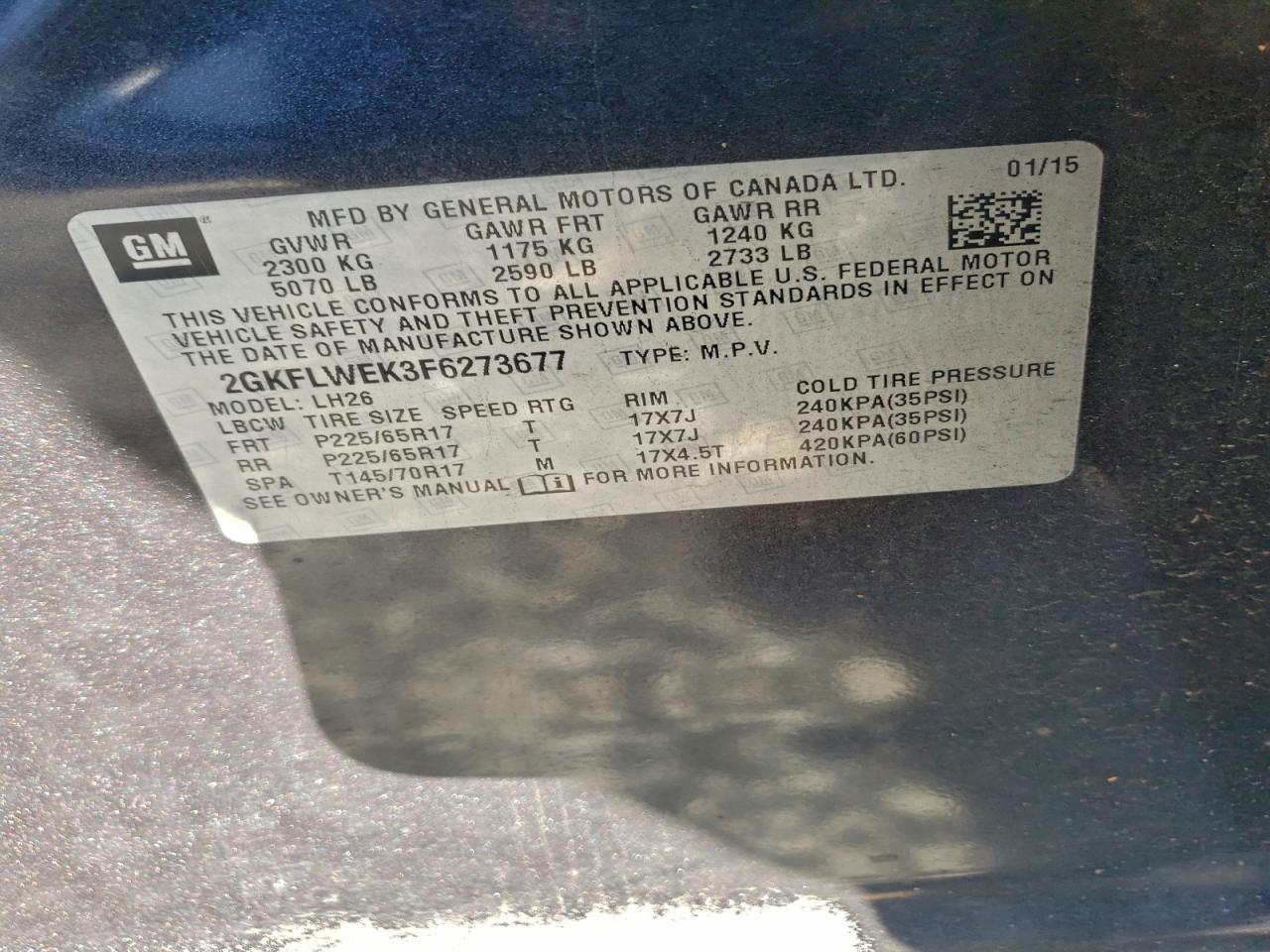 2015 GMC Terrain Sle VIN: 2GKFLWEK3F6273677 Lot: 93731685