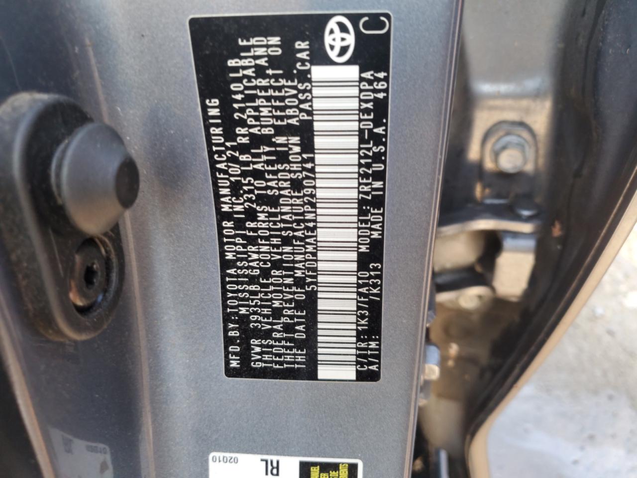 2022 Toyota Corolla L VIN: 5YFDPMAE4NP290741 Lot: 90776295