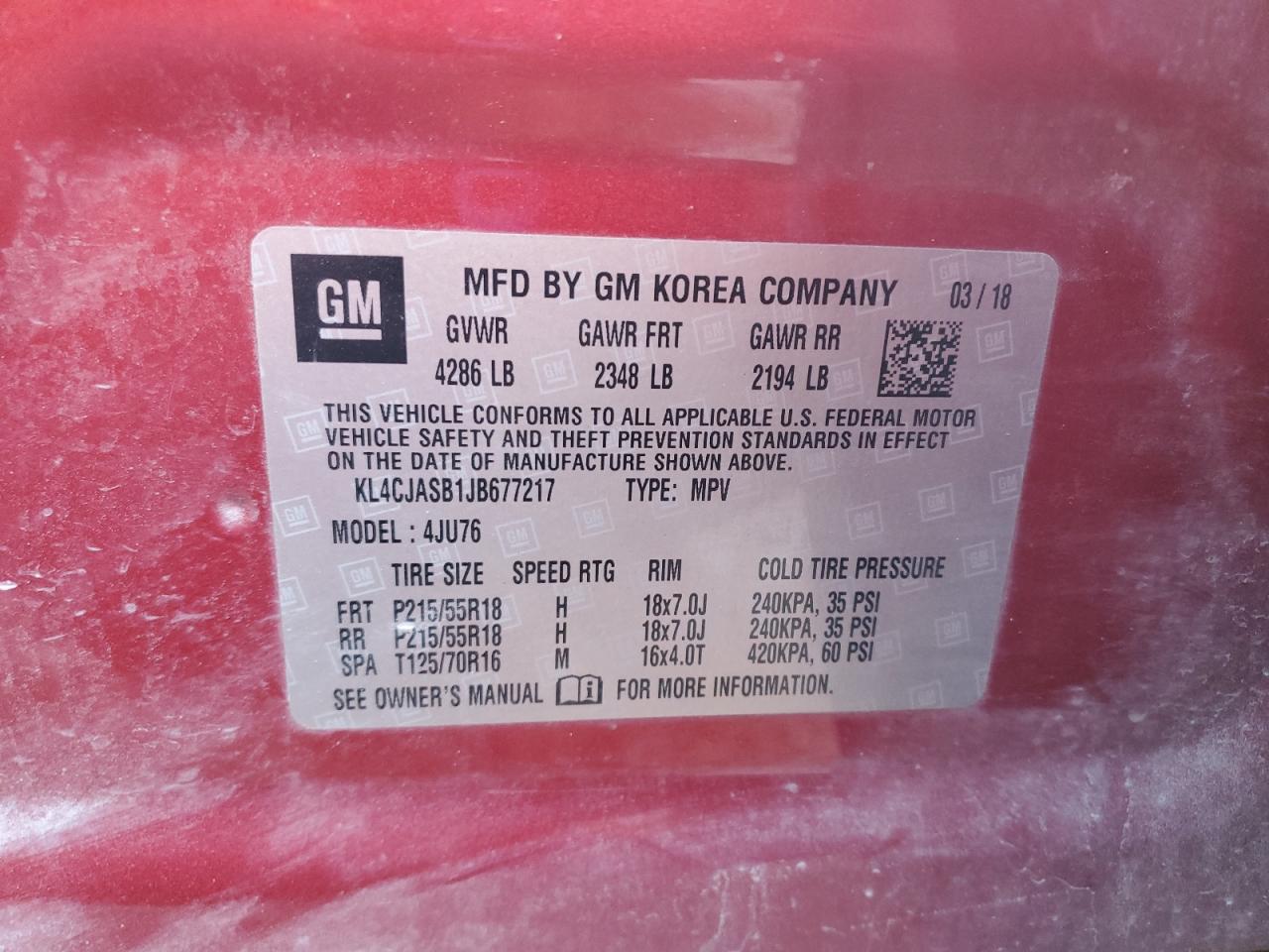 2018 Buick Encore Preferred VIN: KL4CJASB1JB677217 Lot: 92234365