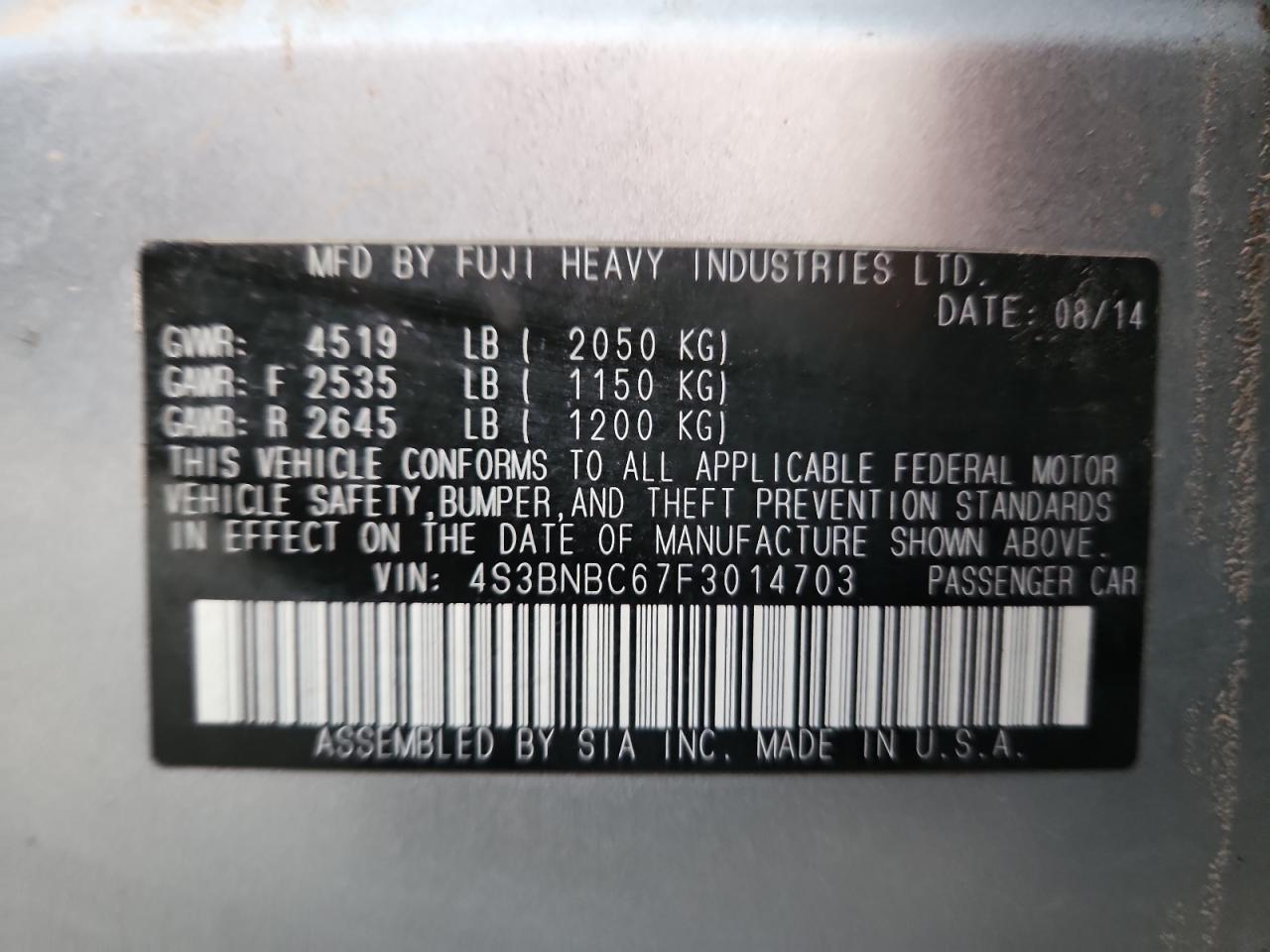 2015 Subaru Legacy 2.5I Premium VIN: 4S3BNBC67F3014703 Lot: 90823825