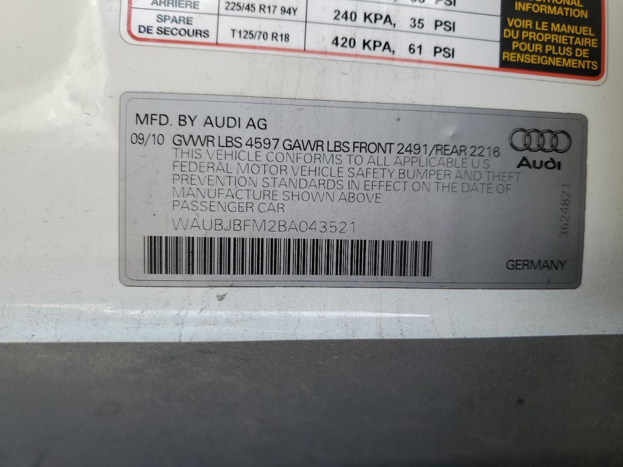 2011 Audi A3 Premium VIN: WAUBJBFM2BA043521 Lot: 85428085