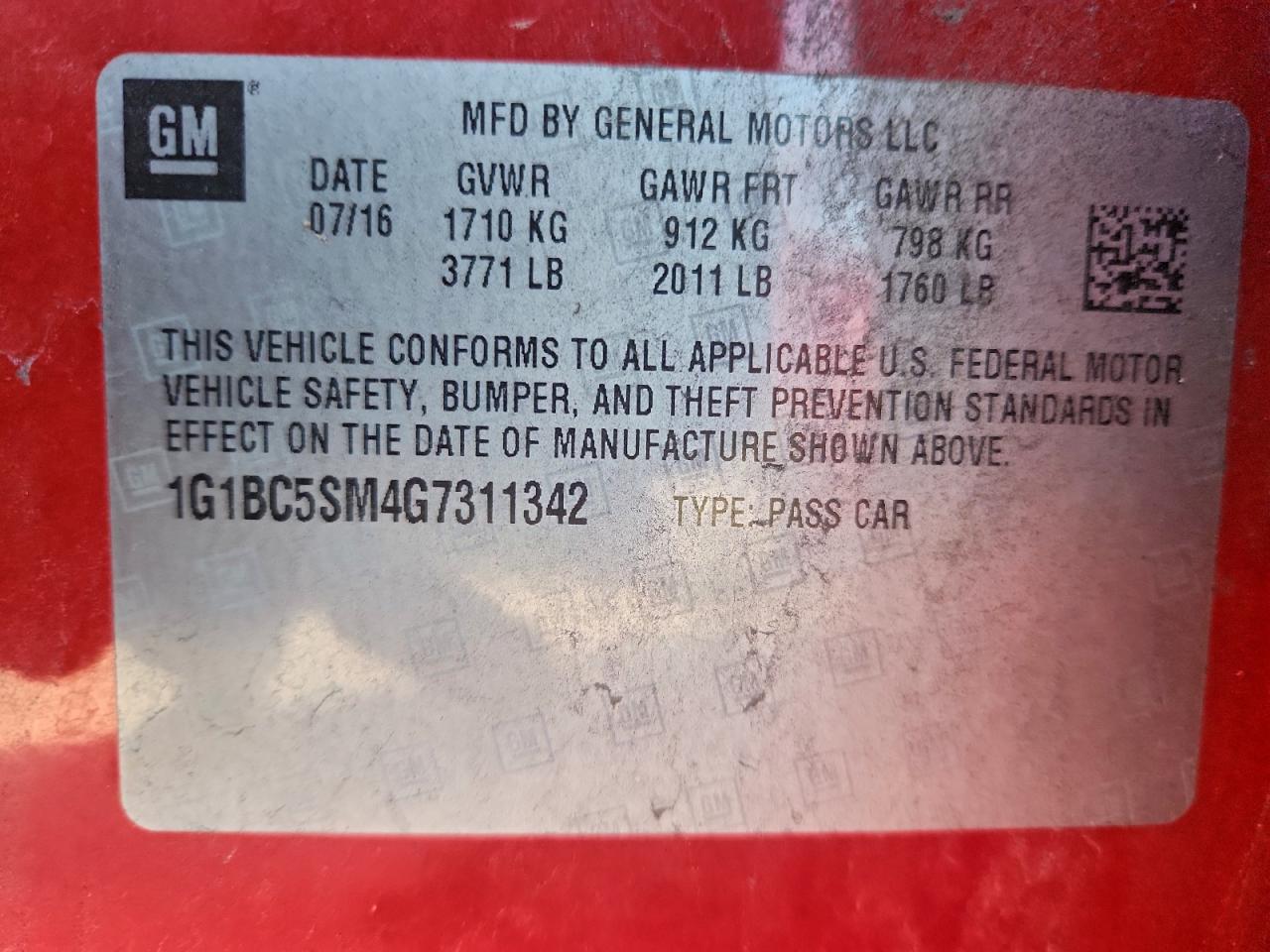 2016 Chevrolet Cruze Ls VIN: 1G1BC5SM4G7311342 Lot: 94493005