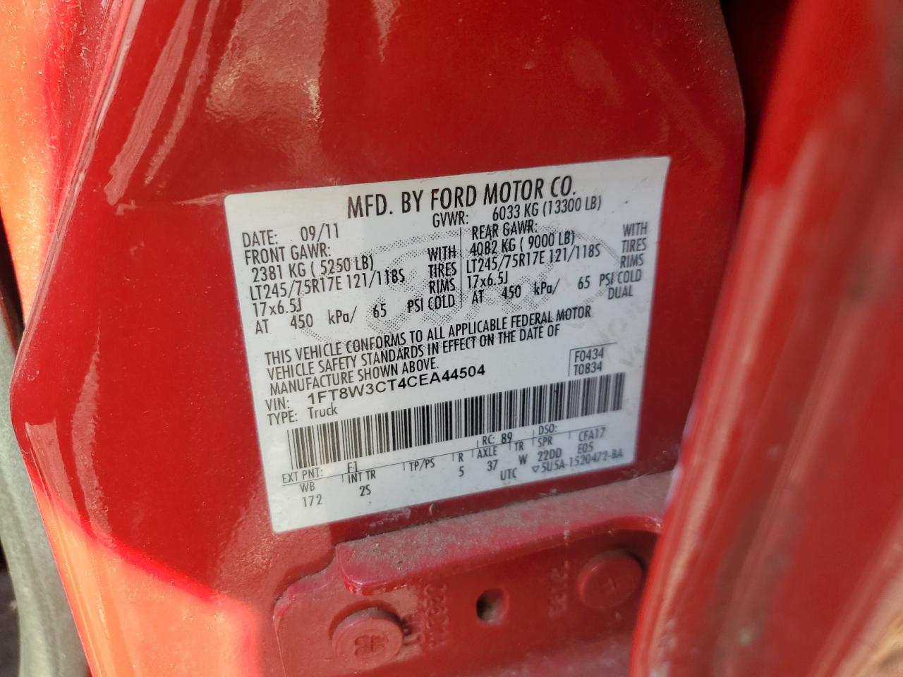 2012 Ford F350 Super Duty VIN: 1FT8W3CT4CEA44504 Lot: 90216035