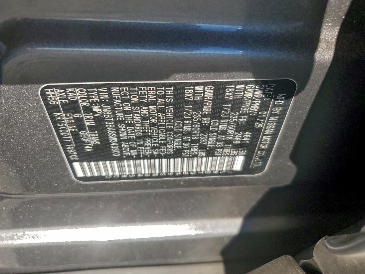 2025 Nissan Rogue Sv VIN: JN8BT3BA8SW343800 Lot: 93861065