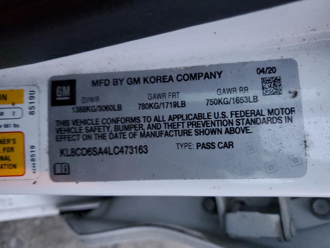 2020 Chevrolet Spark 1Lt VIN: KL8CD6SA4LC473163 Lot: 93136415