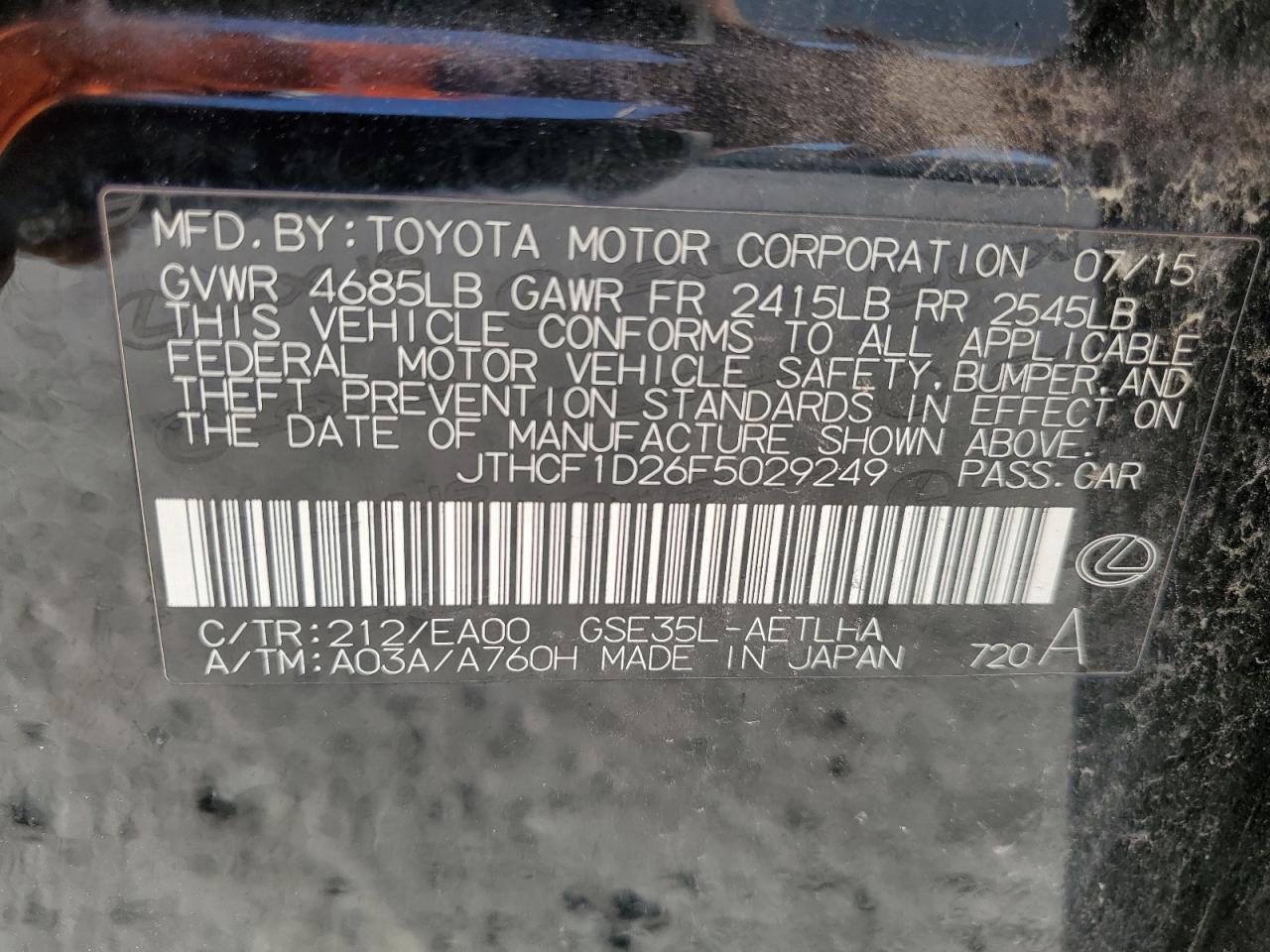 2015 Lexus Is 250 VIN: JTHCF1D26F5029249 Lot: 93303545