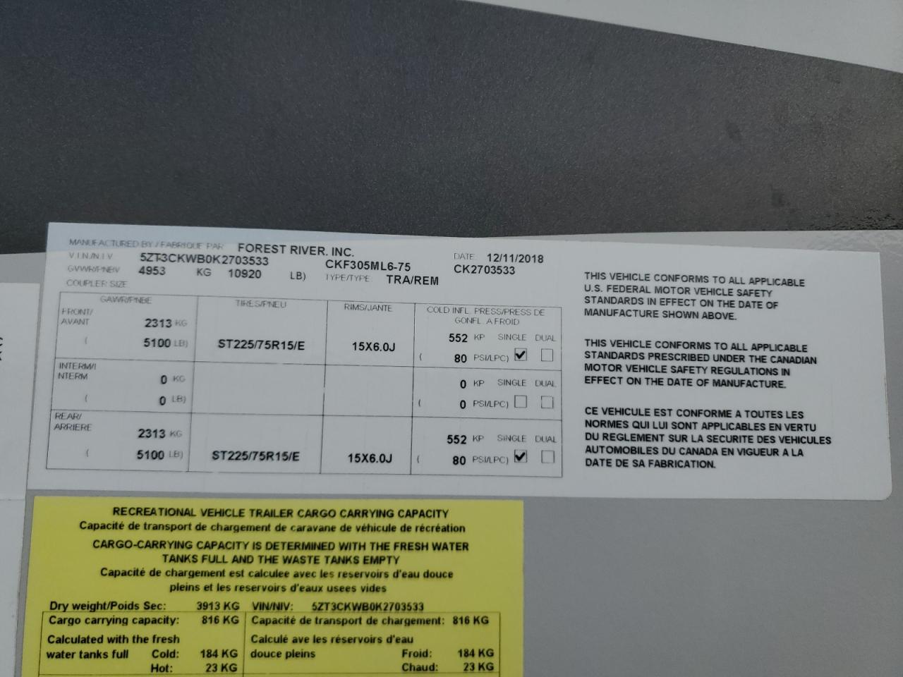 2019 Arct Trailer VIN: 5ZT3CKWB0K2703533 Lot: 93005405