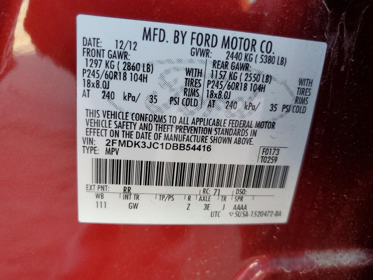 2013 Ford Edge Sel VIN: 2FMDK3JC1DBB54416 Lot: 90759955