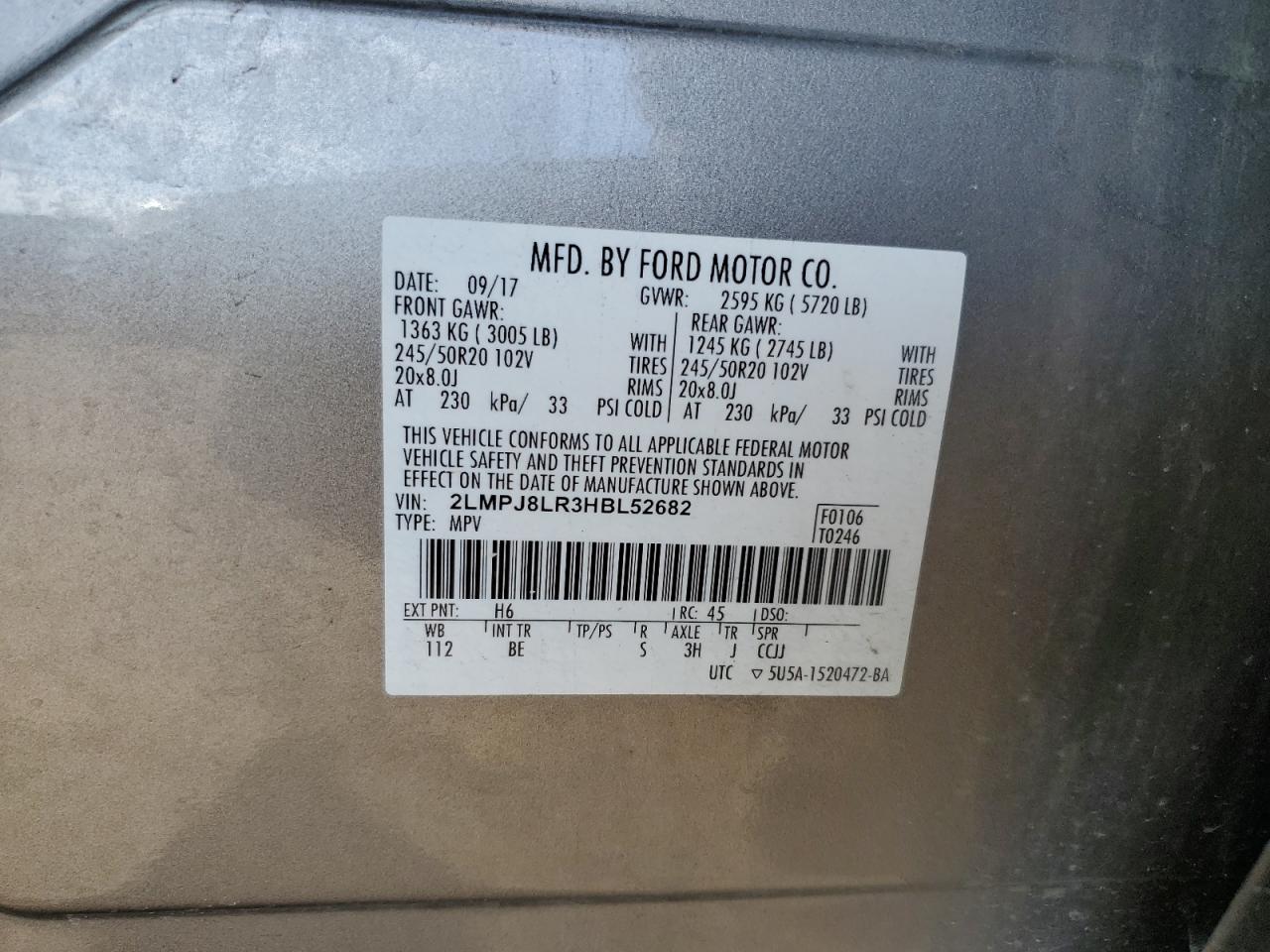 2017 Lincoln Mkx Reserve VIN: 2LMPJ8LR3HBL52682 Lot: 93091165