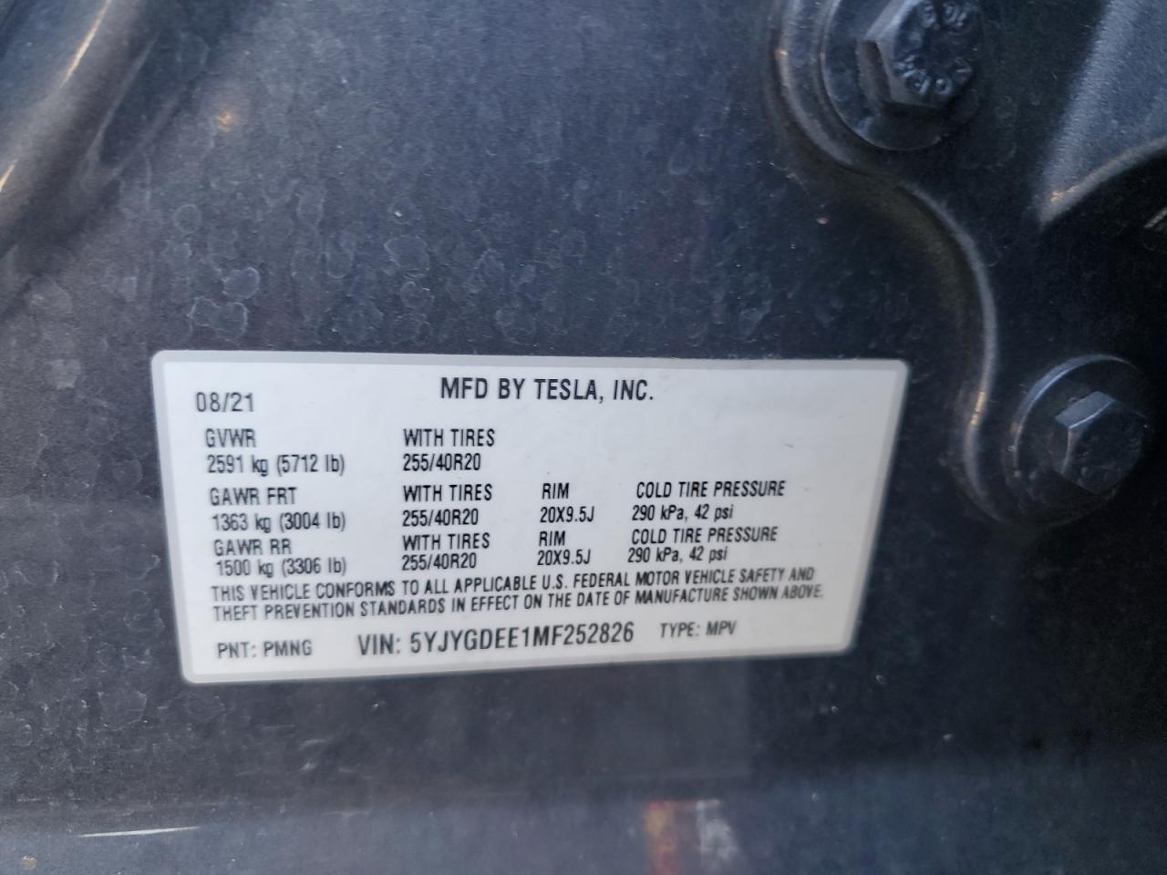 2021 Tesla Model Y VIN: 5YJYGDEE1MF252826 Lot: 91241995