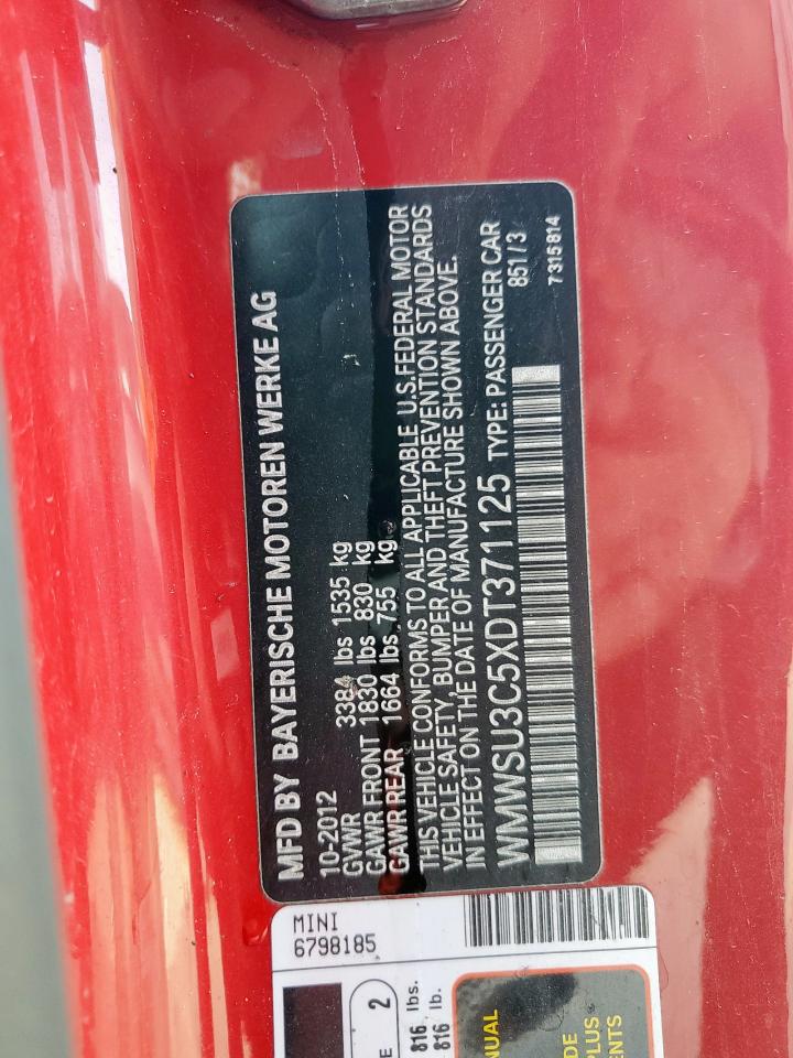 2013 Mini Cooper VIN: WMWSU3C5XDT371125 Lot: 91621495