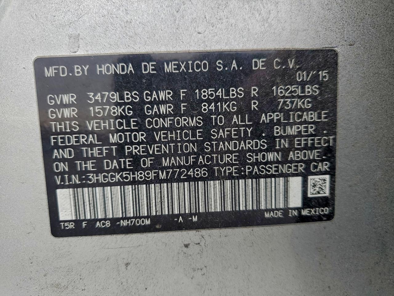 2015 Honda Fit Ex VIN: 3HGGK5H89FM772486 Lot: 94333205