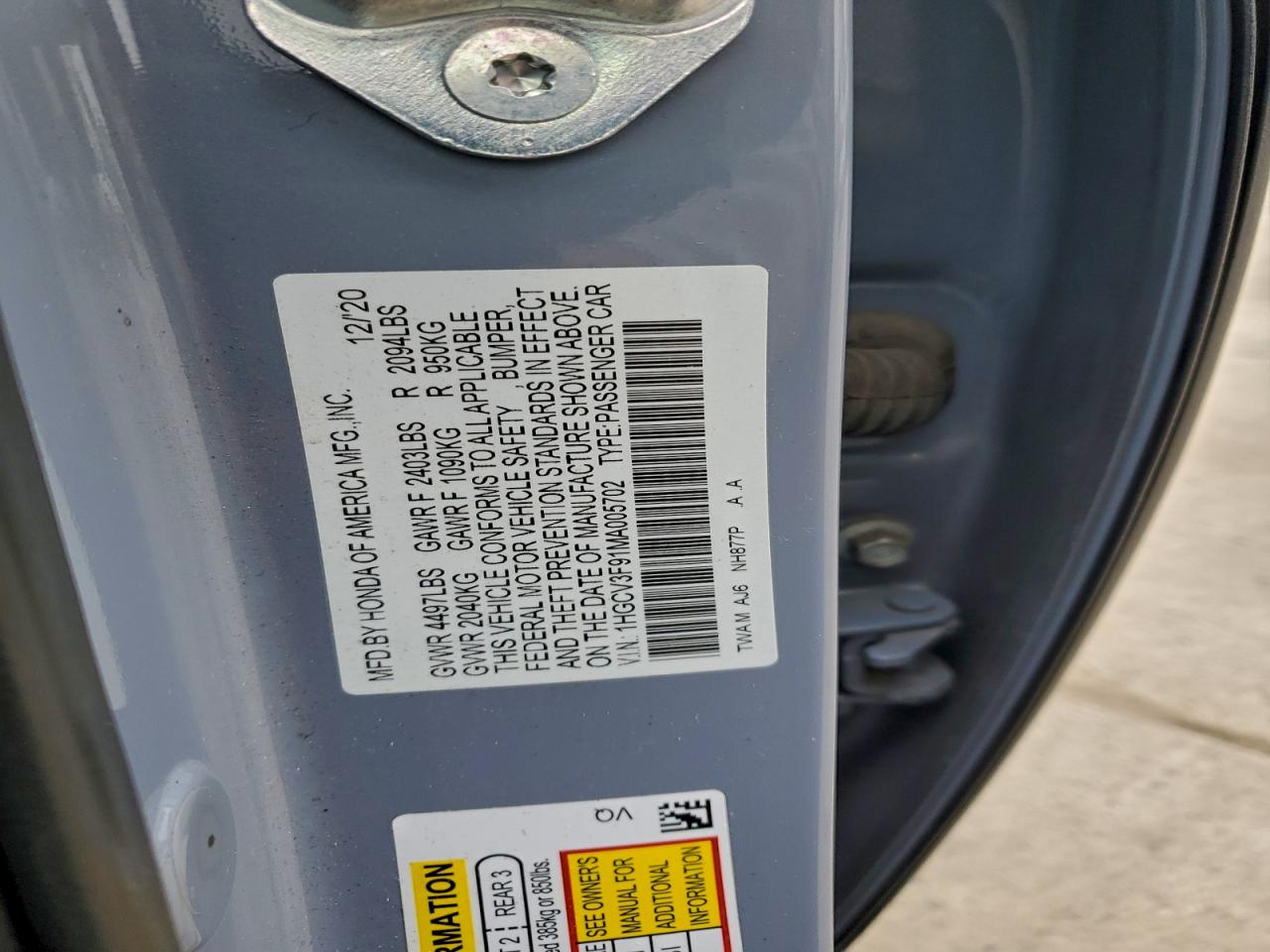 2021 Honda Accord Touring Hybrid VIN: 1HGCV3F91MA005702 Lot: 94807105