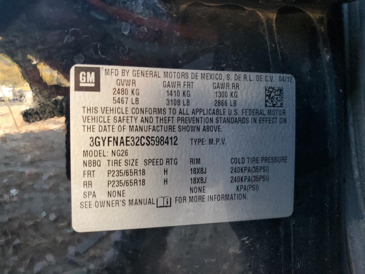 2012 Cadillac Srx Luxury Collection VIN: 3GYFNAE32CS598412 Lot: 91865785