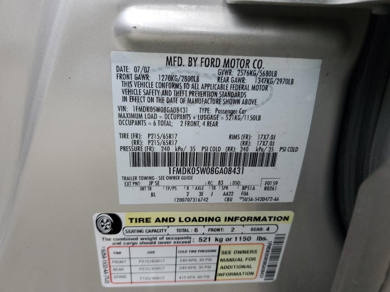 2008 Ford Taurus X Sel VIN: 1FMDK05W08GA08431 Lot: 93432185