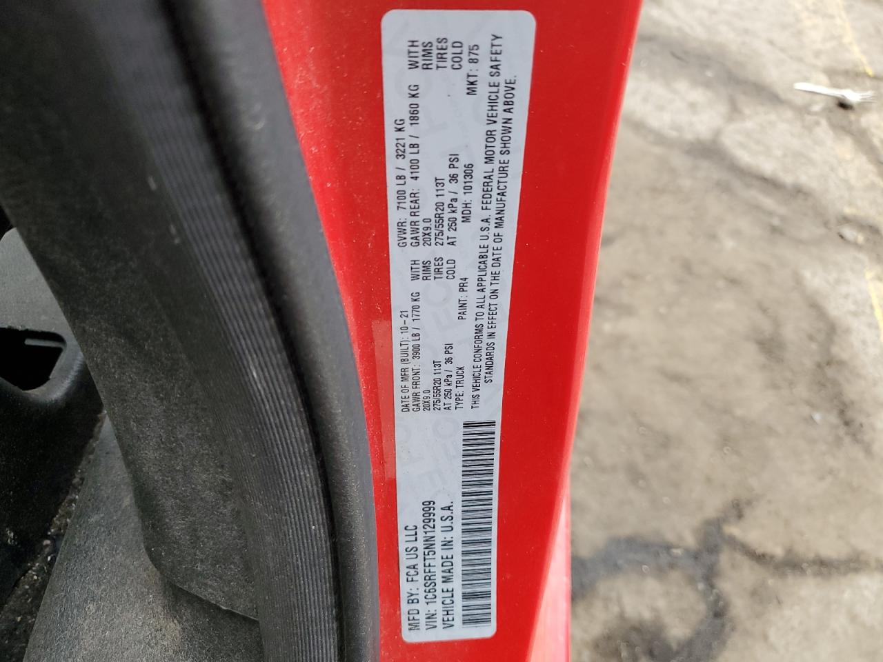 2022 Ram 1500 Big Horn/Lone Star VIN: 1C6SRFFT5NN129999 Lot: 93499415