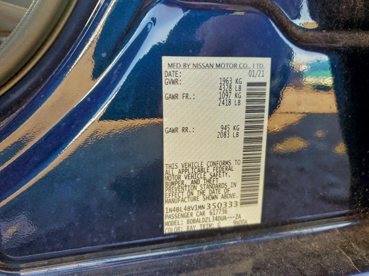 2021 Nissan Altima S VIN: 1N4BL4BV1MN350333 Lot: 93262955