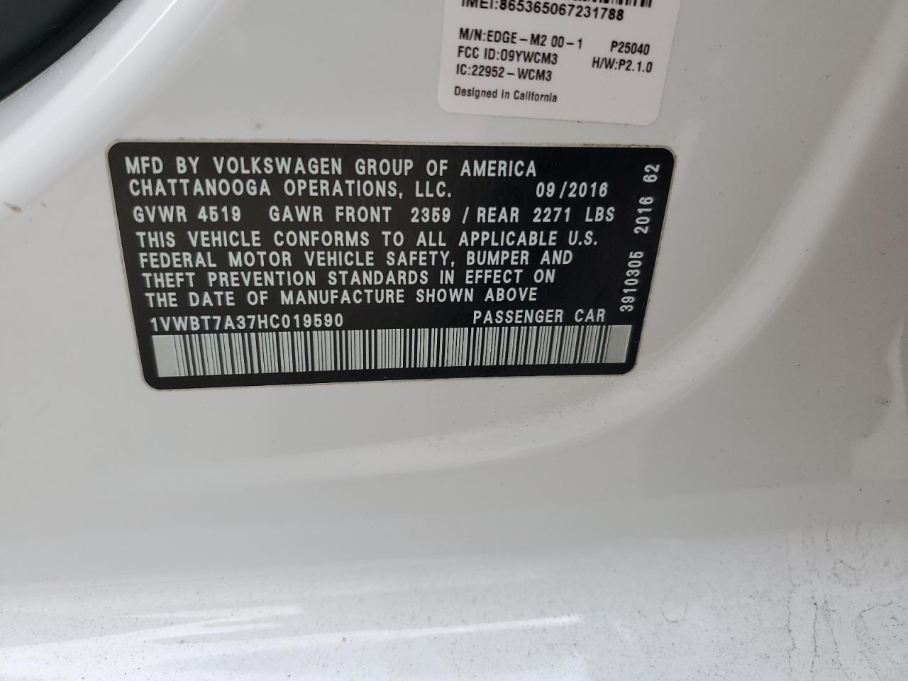 2017 Volkswagen Passat Se VIN: 1VWBT7A37HC019590 Lot: 92749985