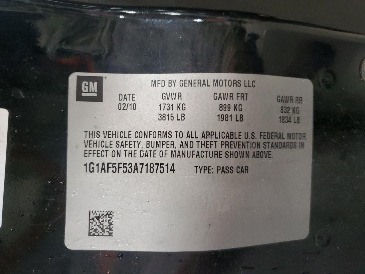 2010 Chevrolet Cobalt 2Lt VIN: 1G1AF5F53A7187514 Lot: 93444815