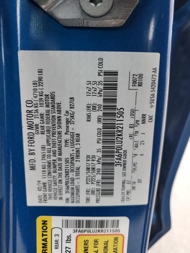 2019 Ford Fusion Se VIN: 3FA6P0LU2KR211505 Lot: 90722905