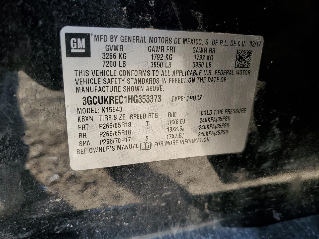 2017 Chevrolet Silverado K1500 Lt VIN: 3GCUKREC1HG353373 Lot: 92485755