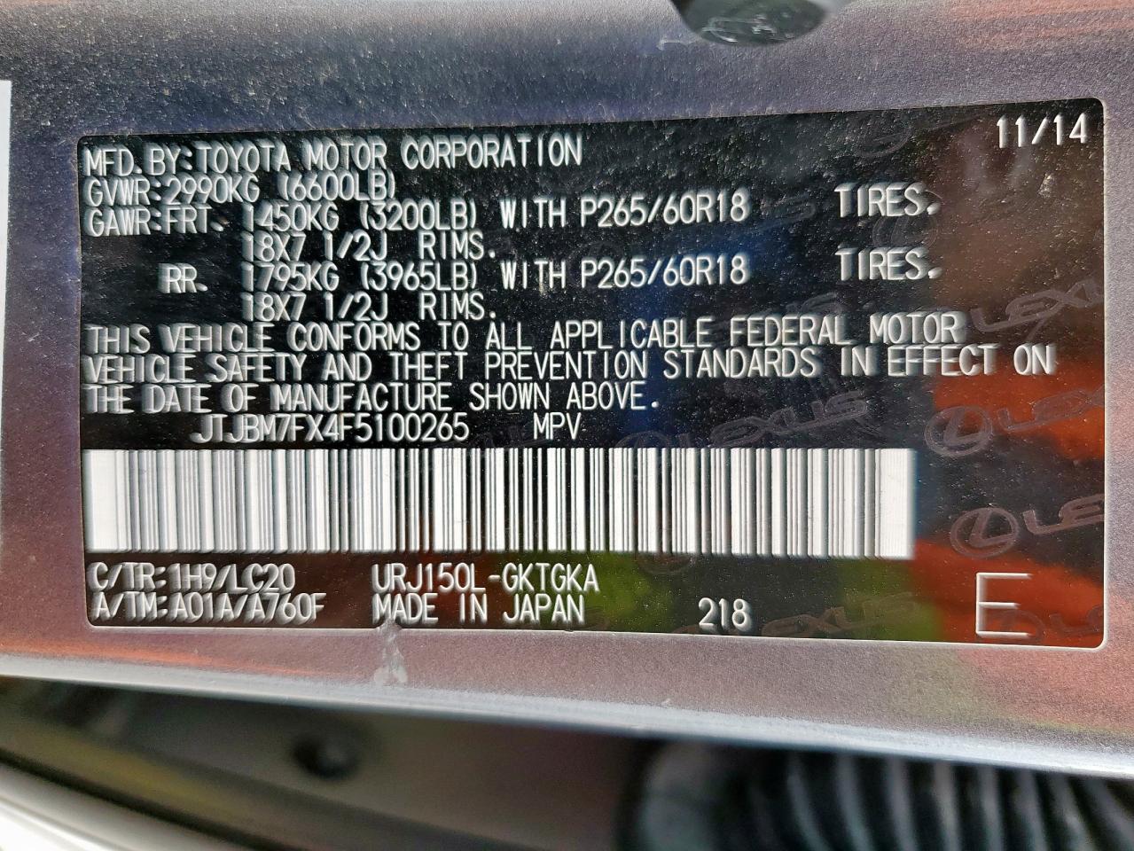 2015 Lexus Gx 460 VIN: JTJBM7FX4F5100265 Lot: 93031975