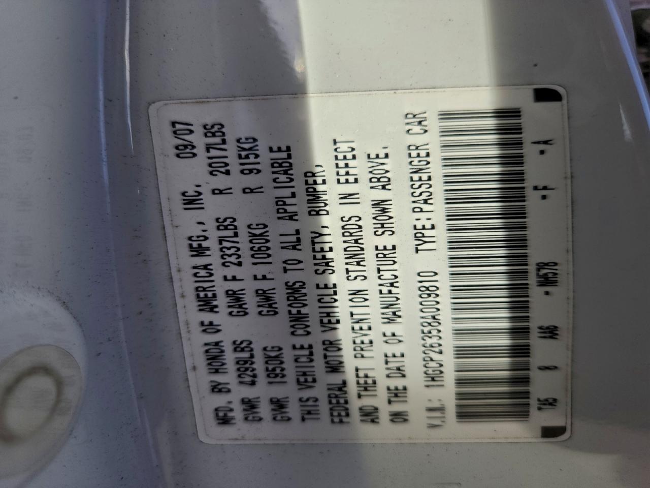 2008 Honda Accord Lx VIN: 1HGCP26358A009810 Lot: 93255895