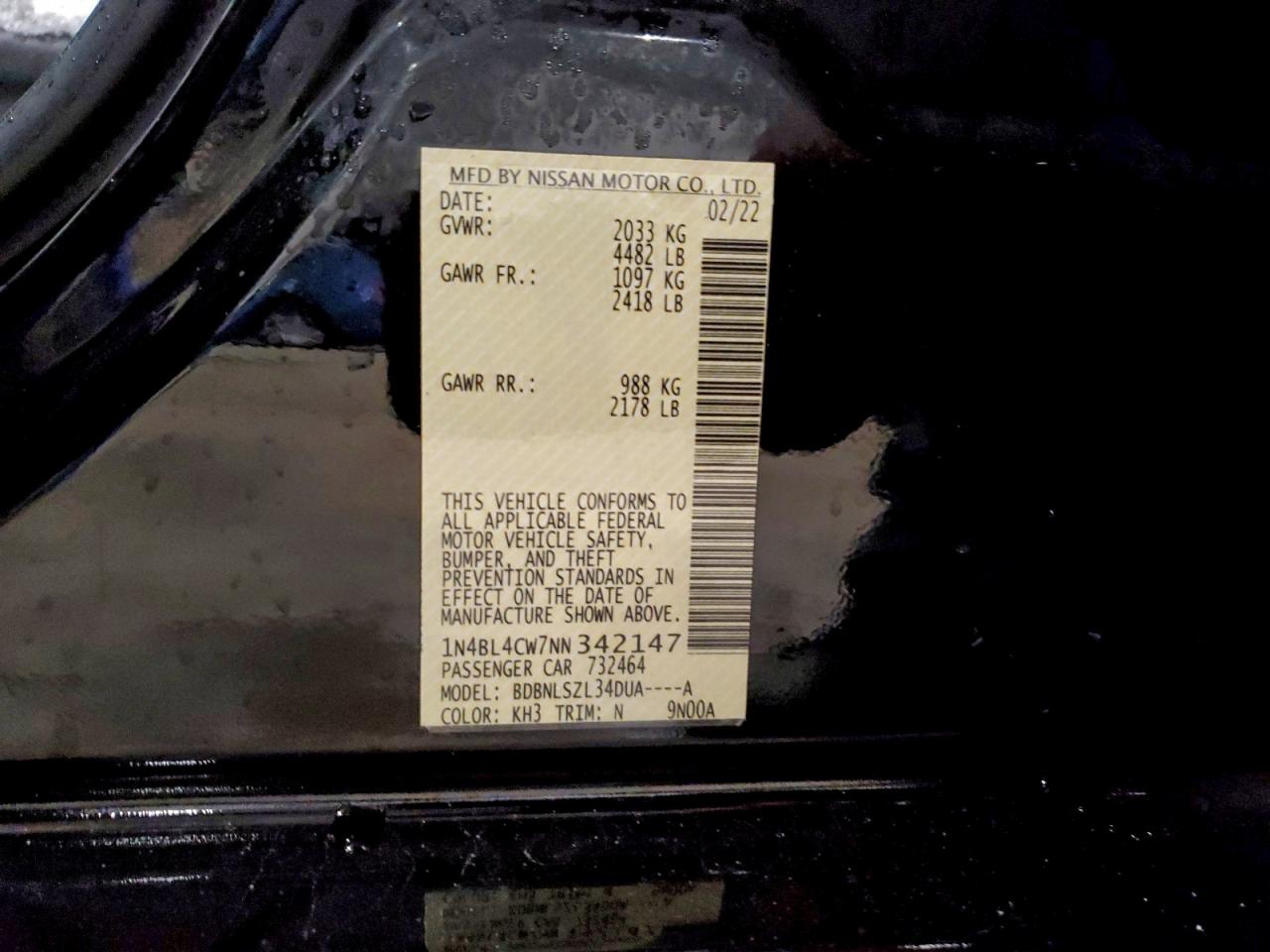 2022 Nissan Altima Sr VIN: 1N4BL4CW7NN342147 Lot: 93857805