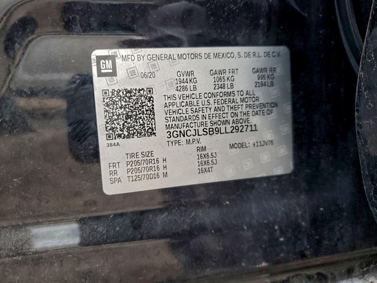 2020 Chevrolet Trax 1Lt VIN: 3GNCJLSB9LL292711 Lot: 93965325