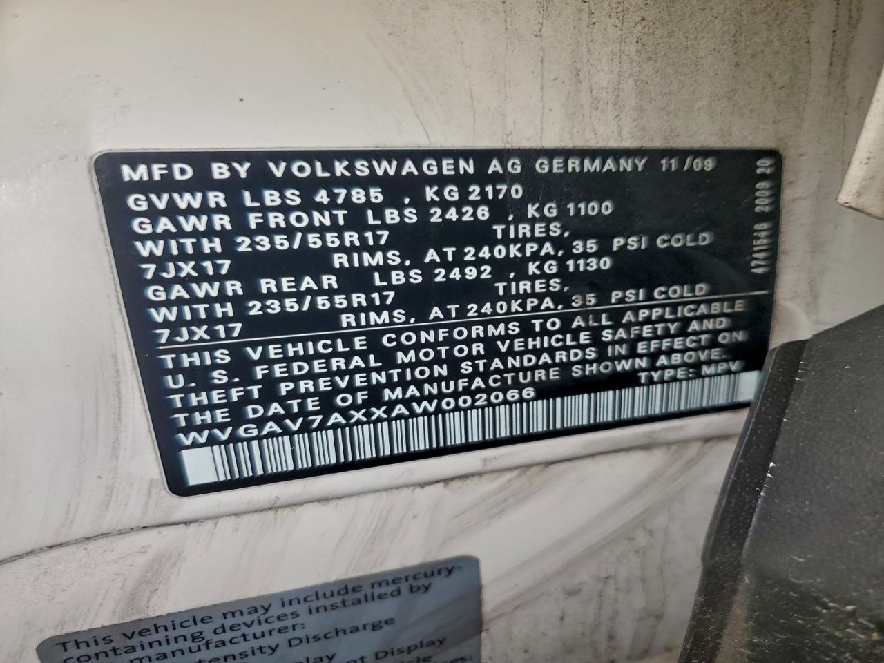 2010 Volkswagen Tiguan S VIN: WVGAV7AXXAW002066 Lot: 93886025