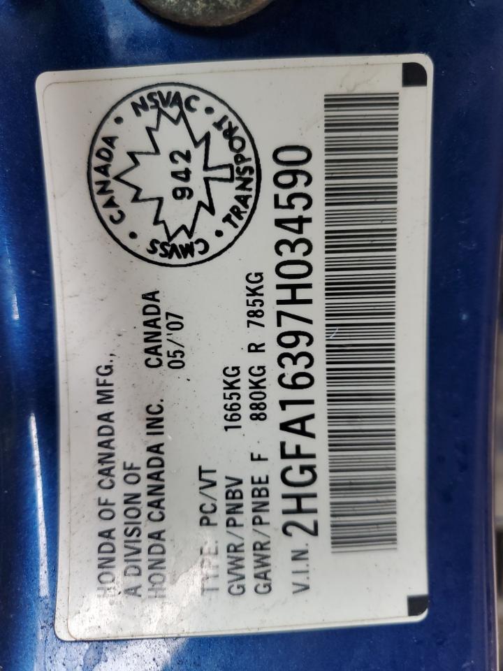 2007 Honda Civic Dx VIN: 2HGFA16397H034590 Lot: 90109885