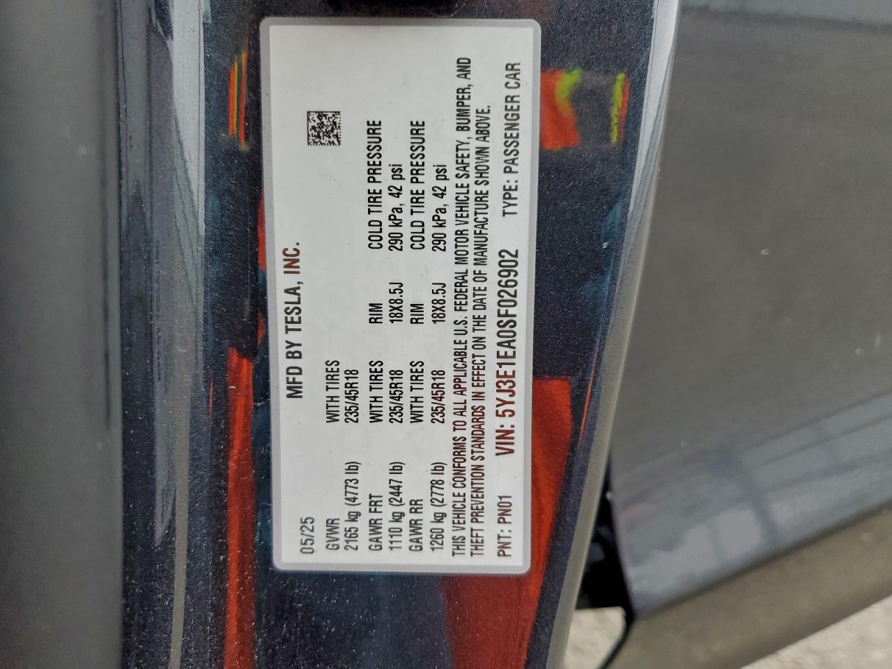 2025 Tesla Model 3 VIN: 5YJ3E1EA0SF026902 Lot: 94283035