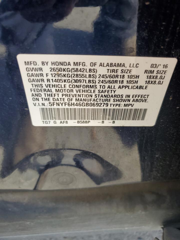 2016 Honda Pilot Ex VIN: 5FNYF6H46GB069279 Lot: 89920845