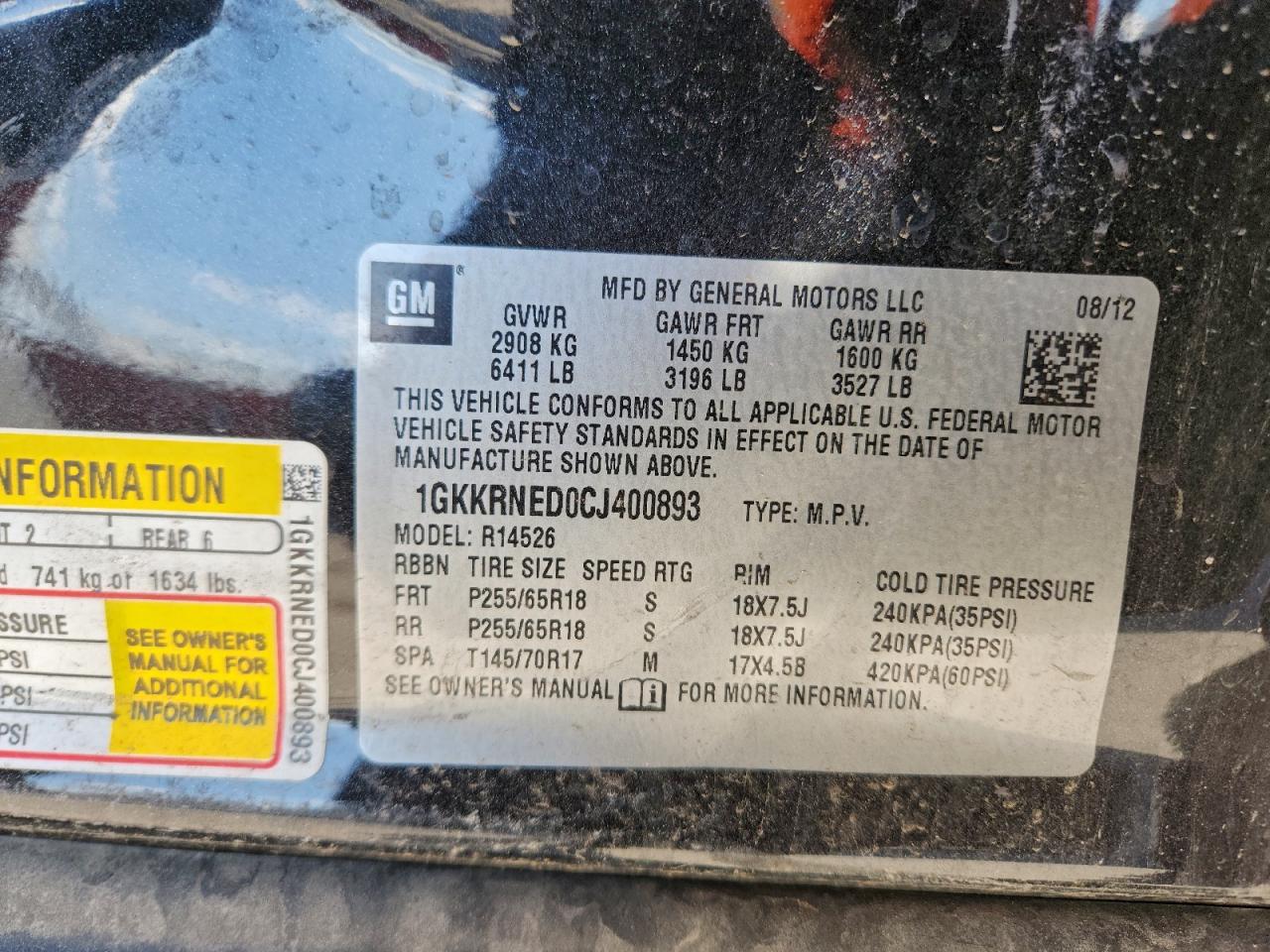 2012 GMC Acadia Sle VIN: 1GKKRNED0CJ400893 Lot: 94471765