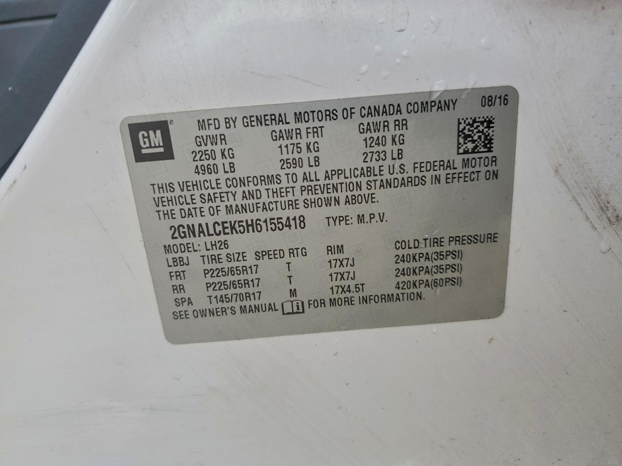 2017 Chevrolet Equinox Lt VIN: 2GNALCEK5H6155418 Lot: 94435055