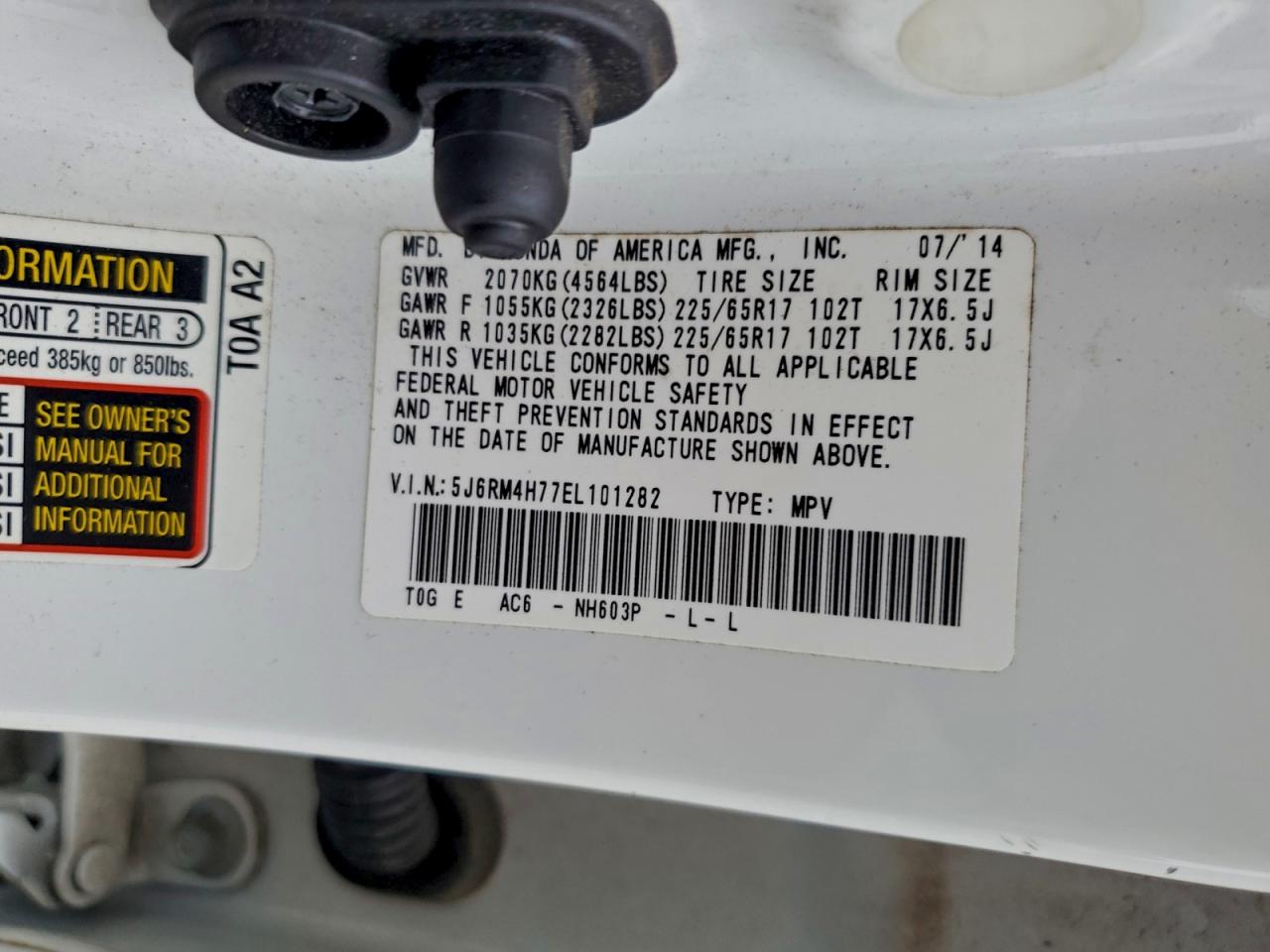 2014 Honda Cr-V Exl VIN: 5J6RM4H77EL101282 Lot: 93041835