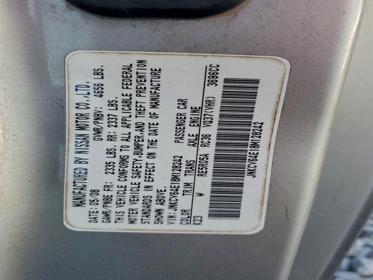 2008 Infiniti G37 Base VIN: JNKCV64E18M128242 Lot: 94229615